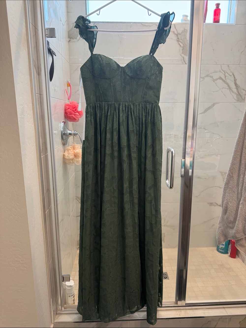 Azazie Dark Green Lace Maxi Dress with Tie Straps